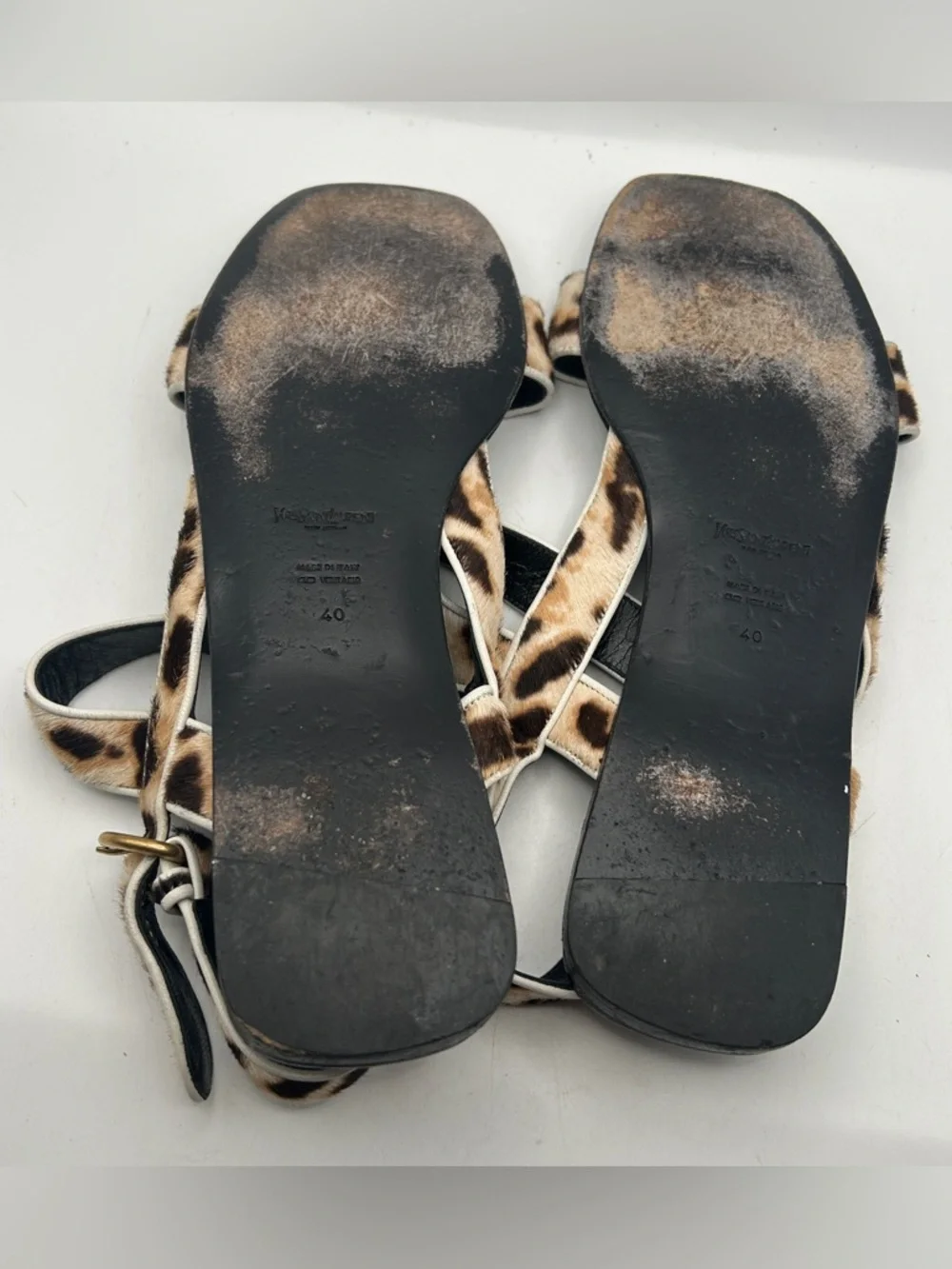 Womens YSL Leopard Calf Hair Sandals Flat Strappy Square Toe Italy 40 luxury - Picture 9 of 13